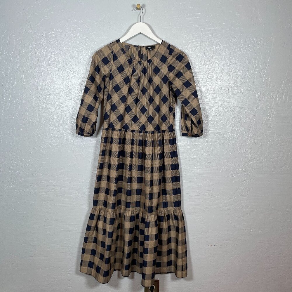 Summersalt Women XS Black Brown Buffalo Check Tiered Midi Dress Cotton Cottage